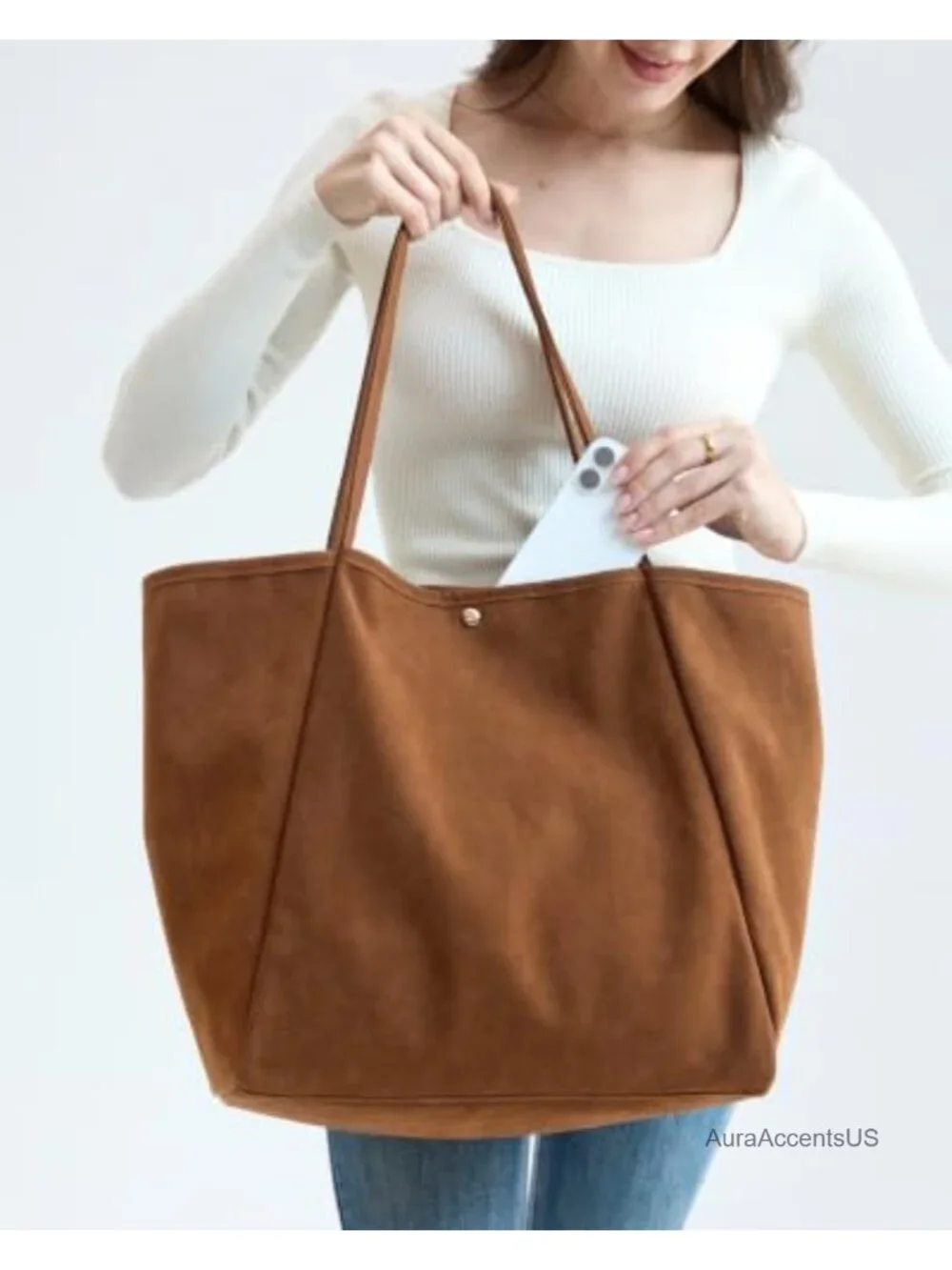 Oversized Faux Suede Tote Bag for Women - Lightweight, Magnetic Snap, Laptop